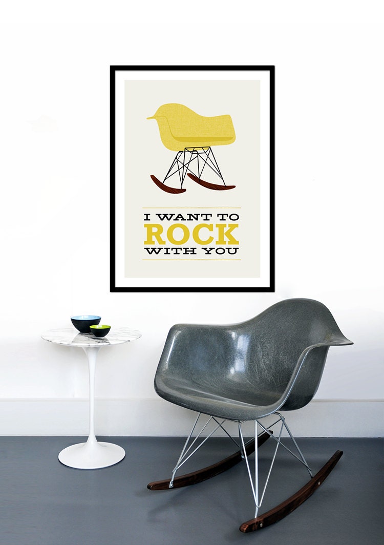 Eames poster print Mid Century Modern chair chair vintage rocker retro home kitchen art - I Want To Rock With You 2 Yellow - 50 x 70 cm