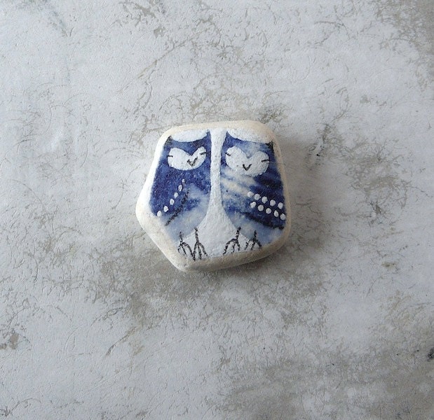 Tiny Blue Beach Pottery Twin Owls