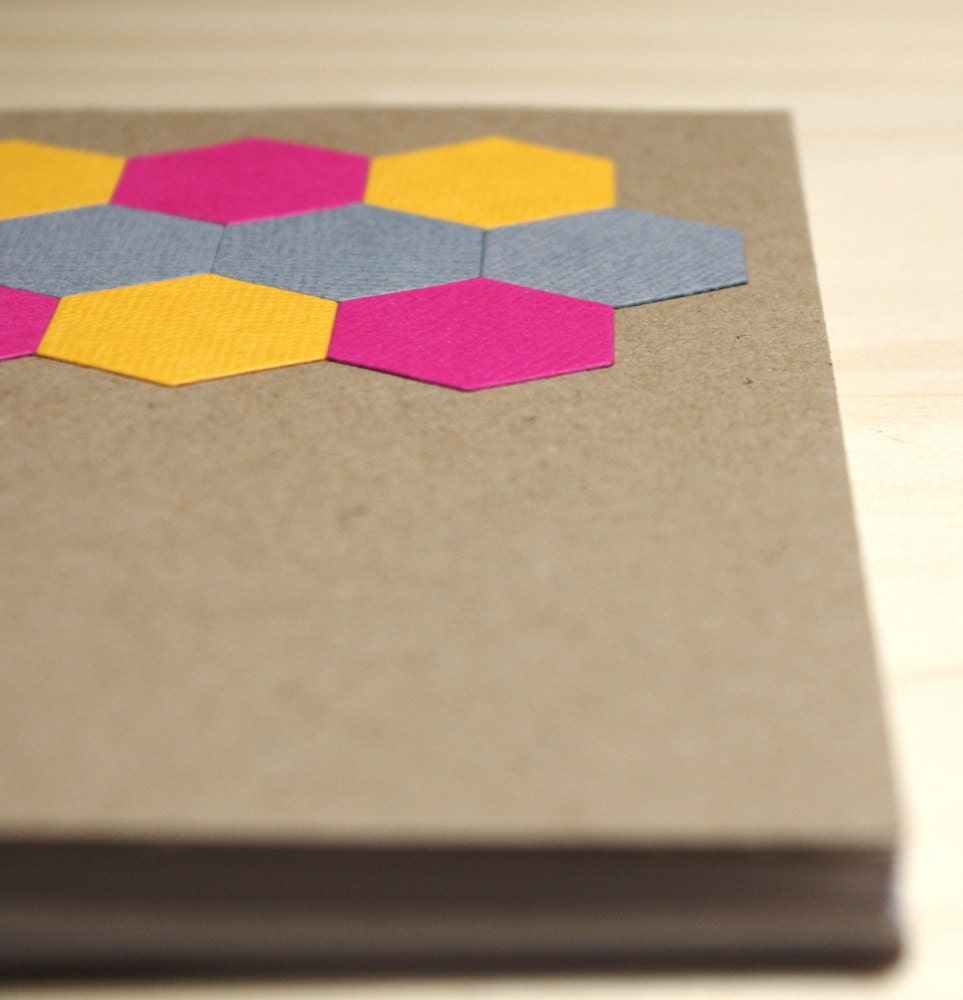 Recycled Mini Notebook / Pink,  Yellow & Grey Hexagons