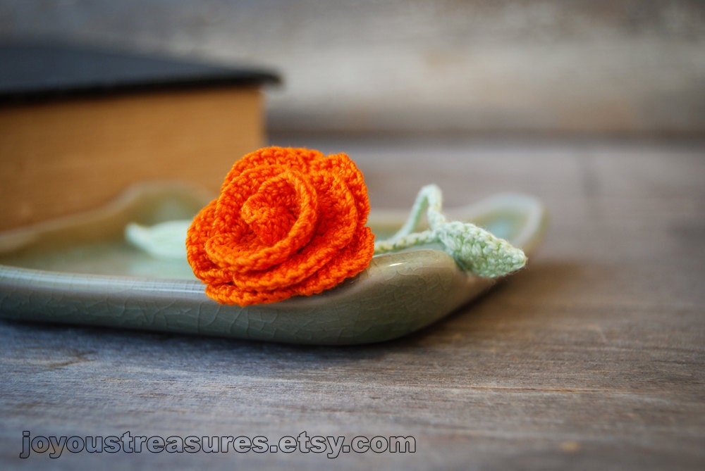 Handmade Crochet Orange Rose Flower Bookmark