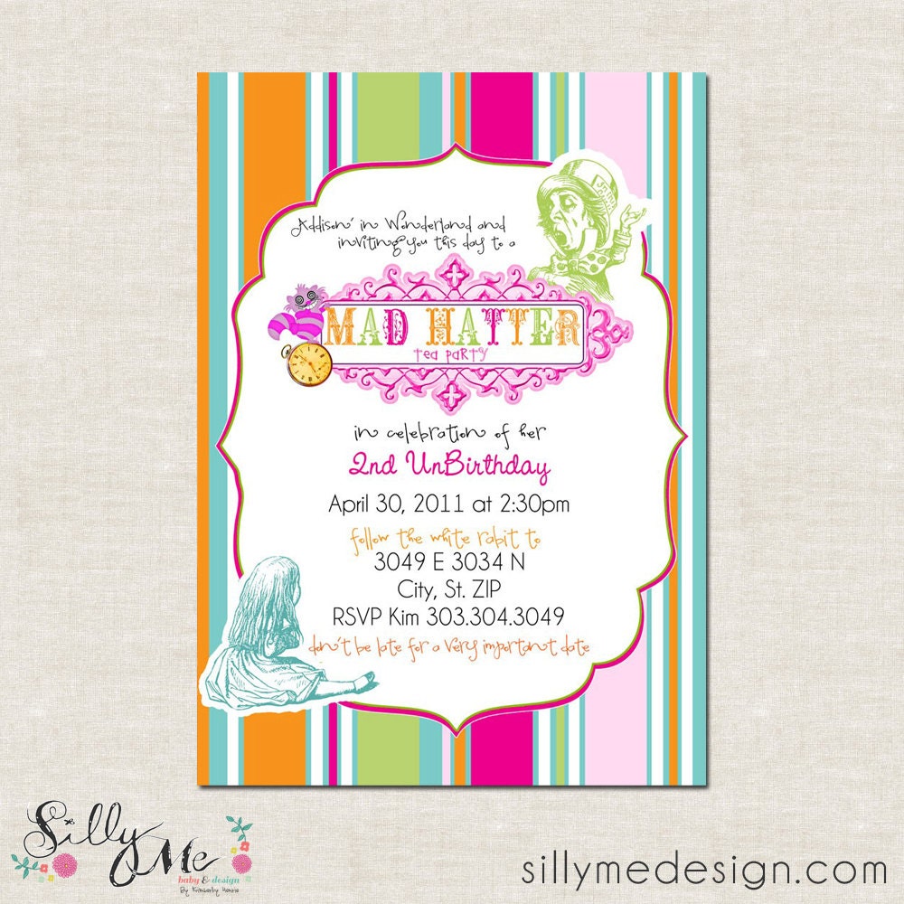 Bright Mad Hatter Tea Party Themed Birthday Party Invitation
