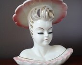Lady Head Vase Vintage Glamour Girl Pink Ruffle with Hat