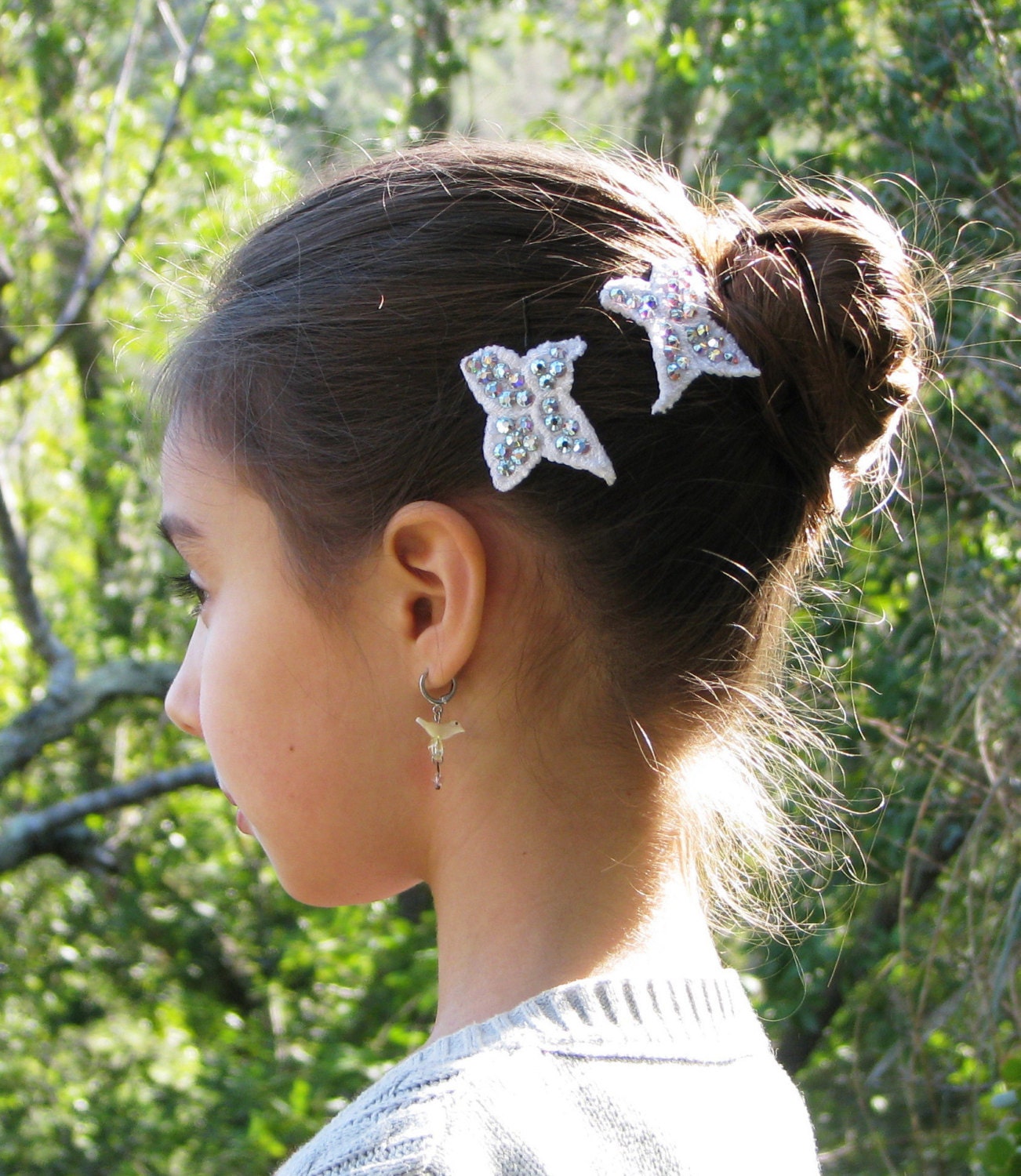 Sparkly white bobby pins with crystal AB Swarovski rhinestones for bridal hair, flat butterfly flower shape, set of 2
