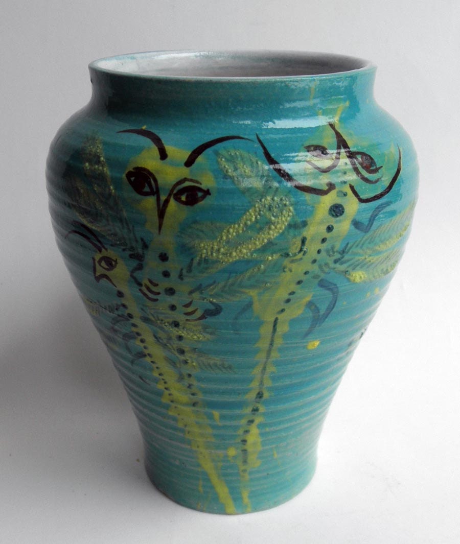 Vase with Fairy Dragonflies in Turquoise and Chartreuse Stoneware- 5 inch