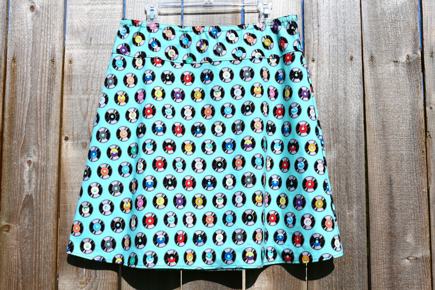 A Line Retro Vinal Record skirt, Retro skirt, Classic skirt, Records in Teal skirt, novelty skirts,  Aline skirt, women's 2-24
