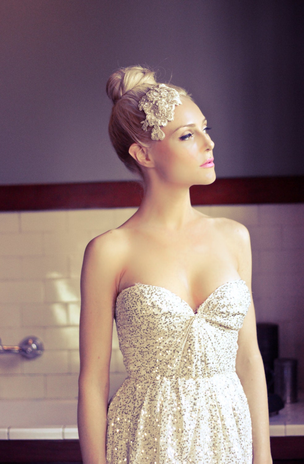 GOLD Lace Bridal Head Piece, Wedding Headdress, Lace and Pearl Hair Comb, Alencon Delicate Lace