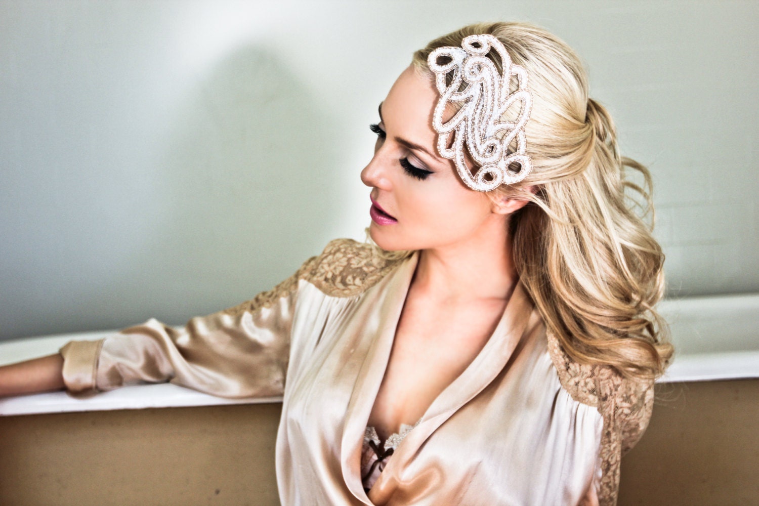 Bridal Beaded Head Piece, Sparkling Swarovski Crystal Juliet Cap, Rose Gold, Champagne Wedding Hair Comb