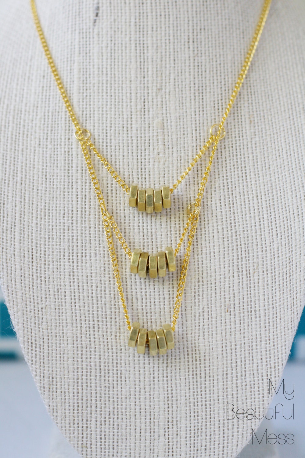 Gold Triple Tiered Hex Nut Necklace