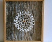 Shuttle Tatted Dimensional Doily Mounted in Distress Pine with Unfinished Box Framing & Measuring Approximately 6 X 5 1/2"