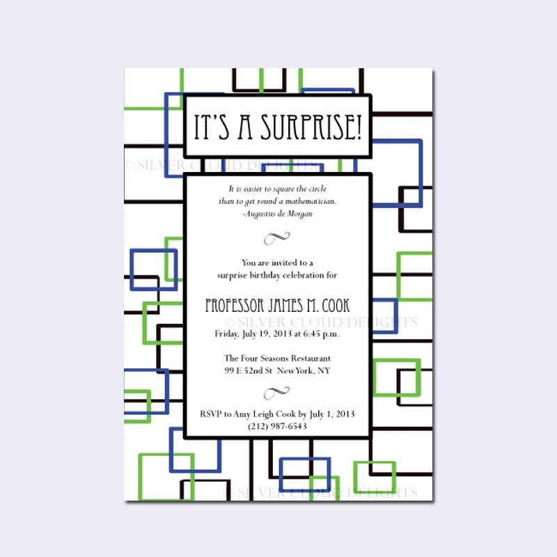 Birthday Invitation with Squares - Green, Blue and Black Squares - Set of 10