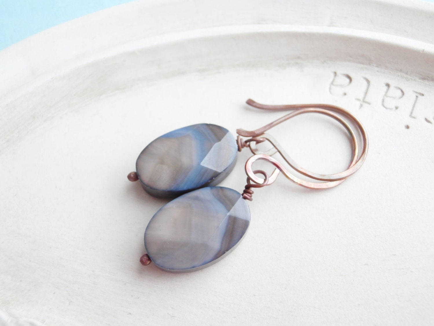 Handmade Copper Earrings - Beaded Shell Earrings - Grey Seas