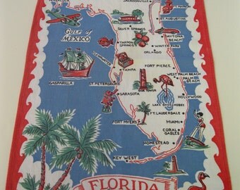 Vintage 1940s Florida souvenir tea towel with flamingos and palm trees - red white blue