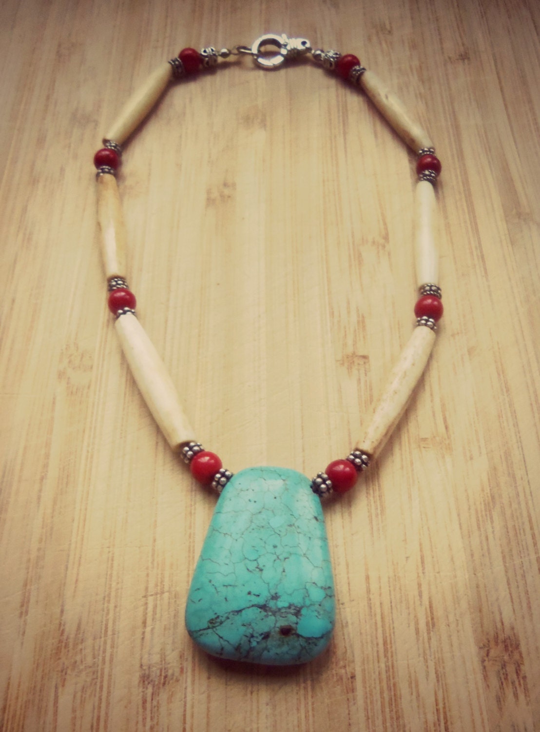 Bohemian Tribal Turquoise Pendant Bone and Red Coral Beads