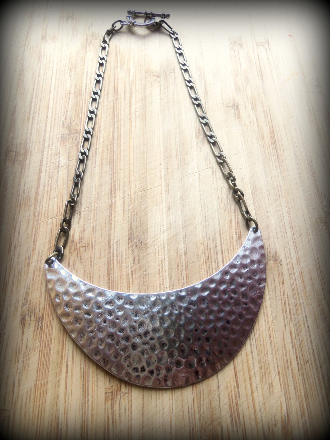 Large Tribal Silver Crescent Moon Necklace with Antique Gold Chain Hammered