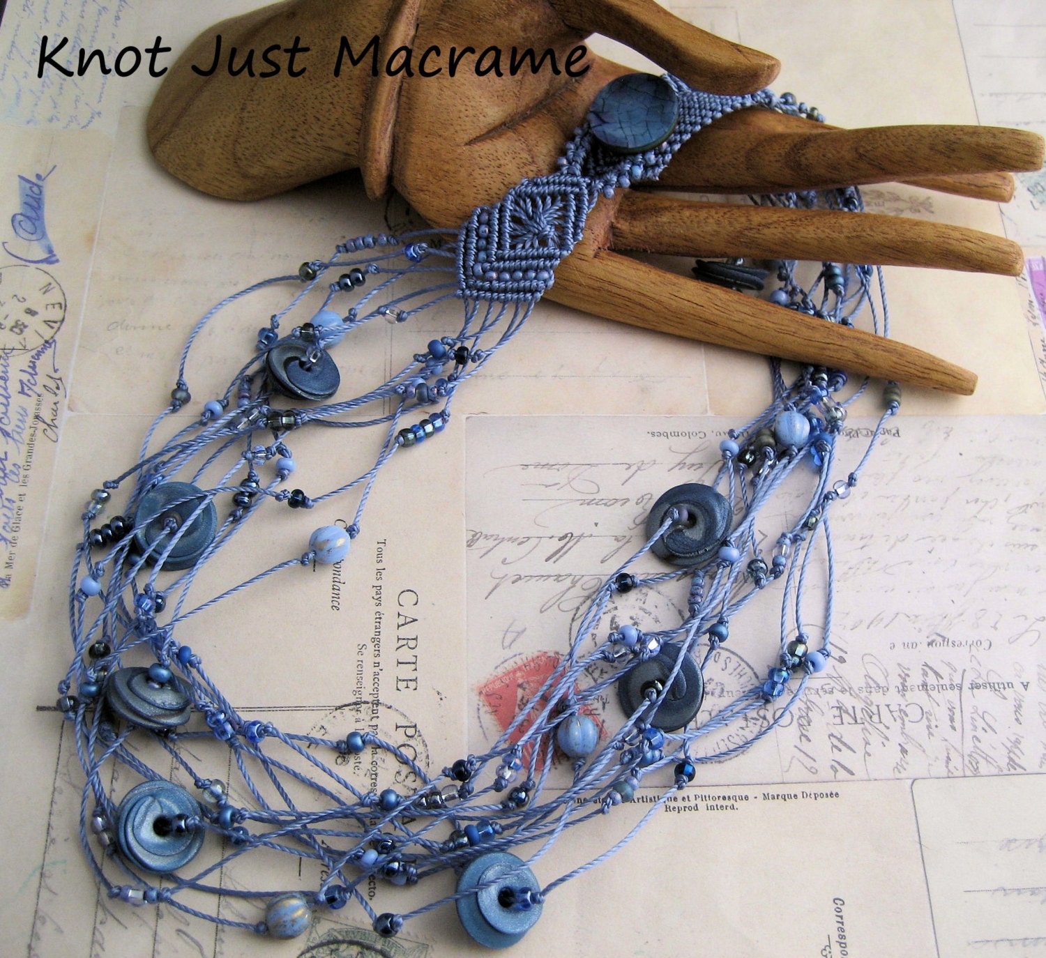 Blue Multi Strand Beaded Macrame Necklace Polymer Clay Beads