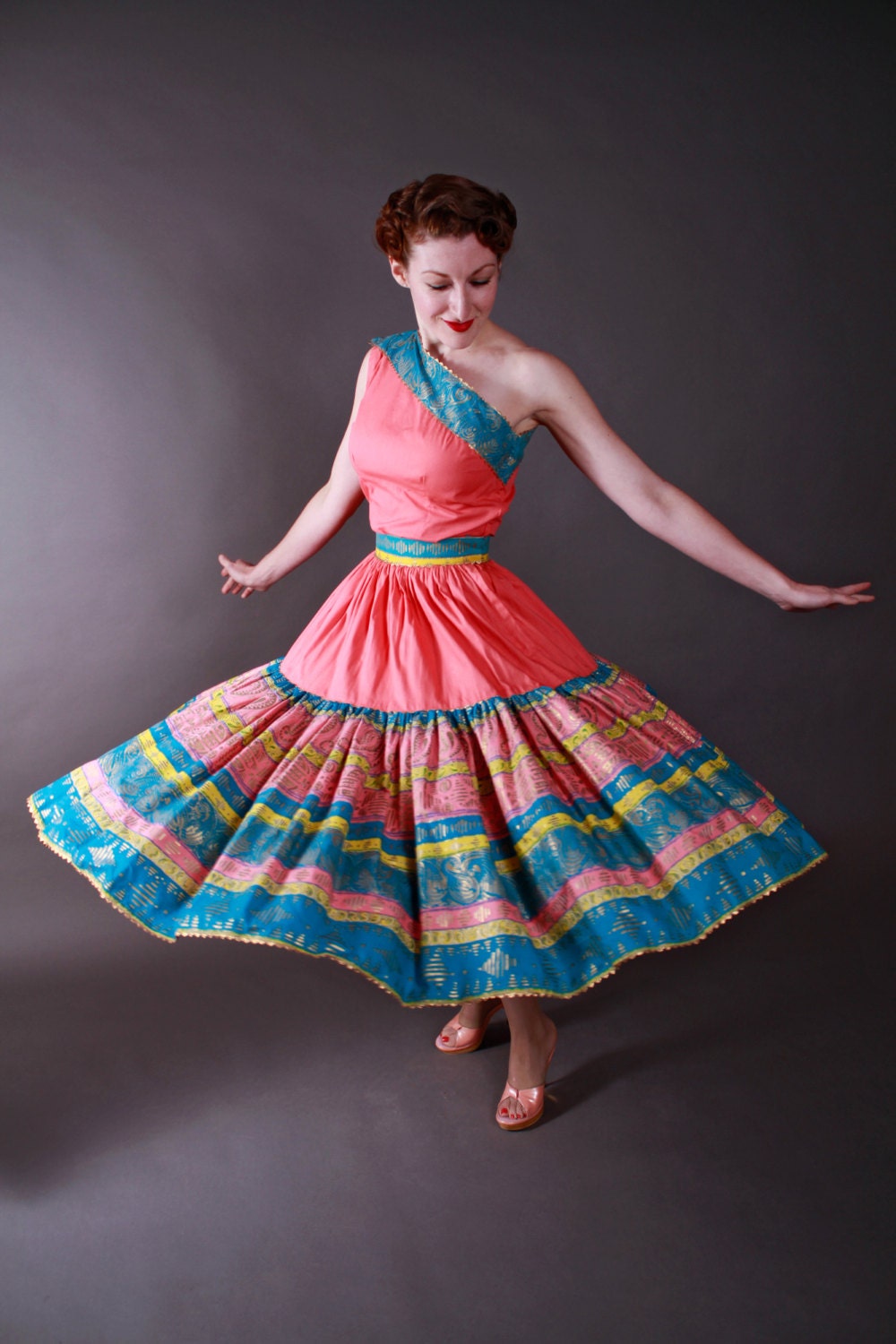 Vintage 1950s Patio Set - Fantastic One Shoulder Squaw Dress Set in Coral and Turquoise