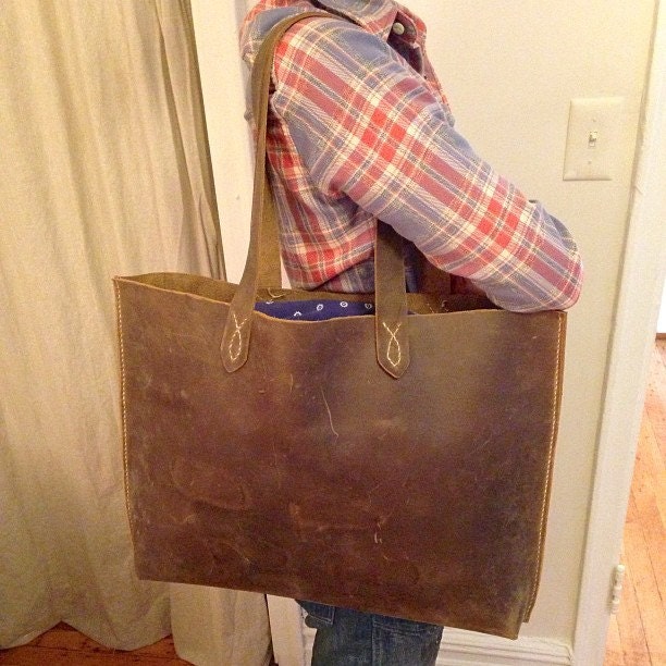 Large Handmade Western Leather Tote Bag With Range Marks Branding