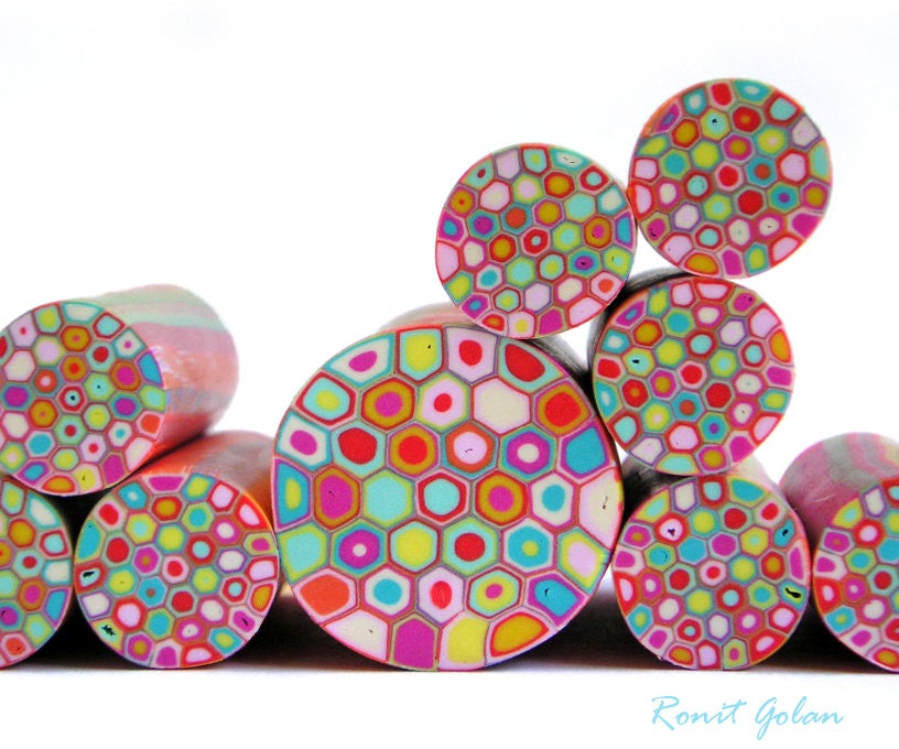 Polymer clay millefiori cane - Red, turquoise, white, pink,orange and Yellow Retro Dots
