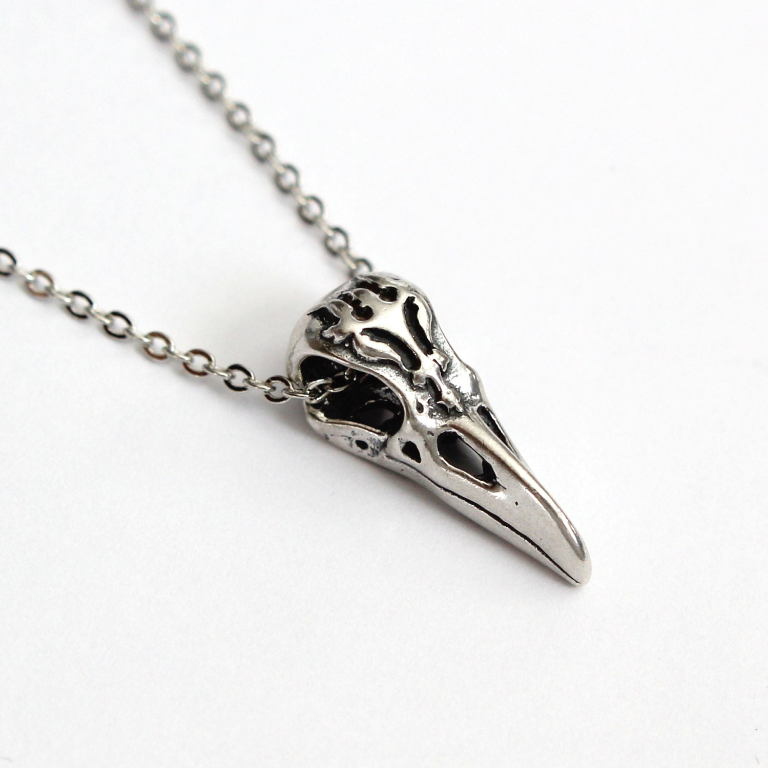 Ornate Victorian Raven Skull Necklace in Solid Sterling Silver Raven Skull pendant Bird Crow