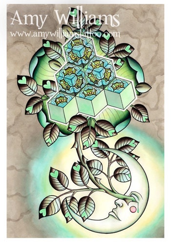 Moon Boxflower of Life Geometric Rose Tattoo Art A4 Print