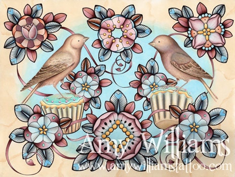 Birds and Cupcakes FLASH FOR TATTOOING A3 Print