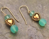 Gold Heart with Frosted Aqua Glass Beads 14Kt Gold-Filled French Hook Earrings - E219