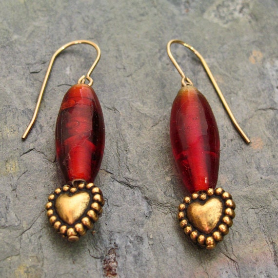 Gold Heart with Red Glass Beads 14Kt Gold-Filled French Hook Earrings - E217