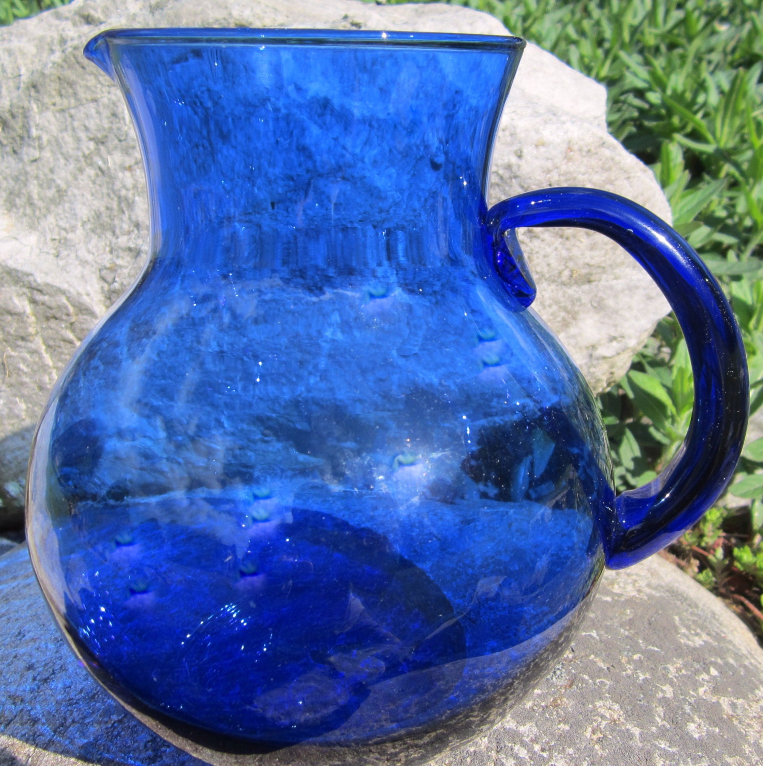 Cobalt Blue Art Glass Pitcher Hand Blown Pontil Bottom Applied Handle Vintage DDB7