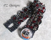 Pirate Waves Beadwoven Bracelet, Black and Red, Glass Button Closure