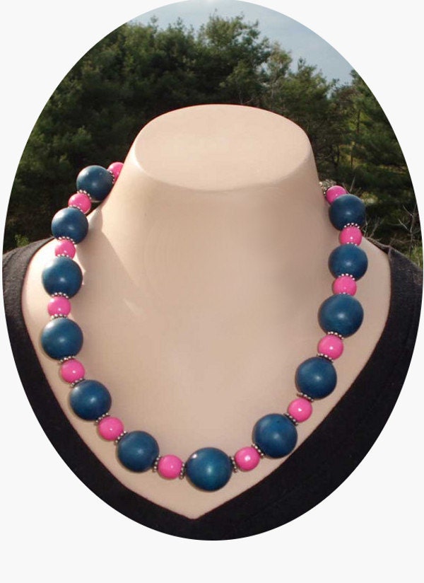 Pink Blue Wood Bead Necklace, with Sterling Silver Chain Extension
