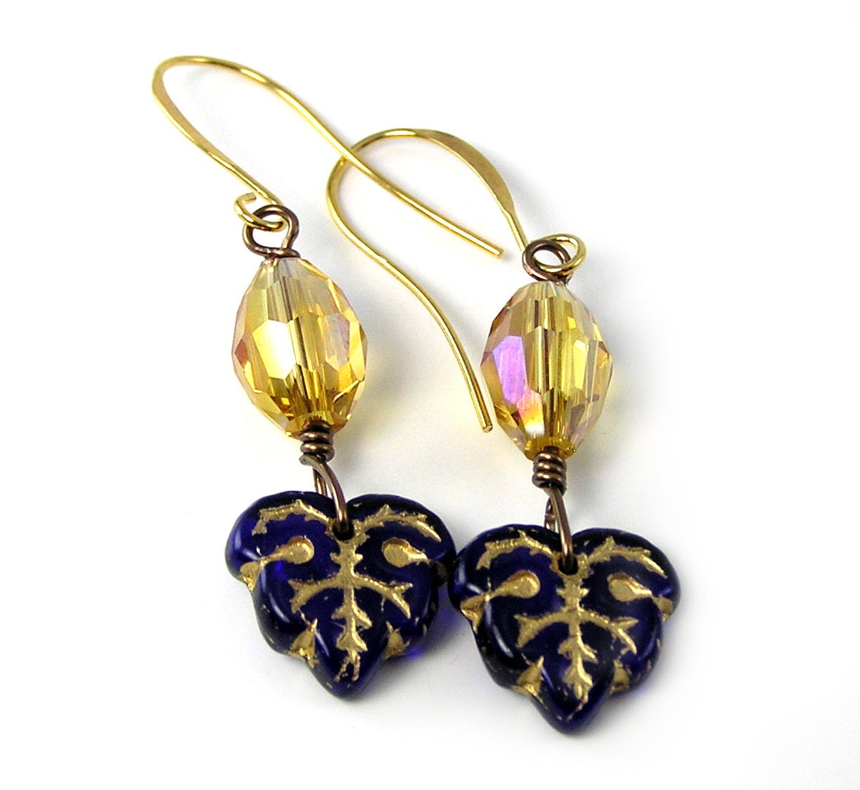 Cobalt Leaf Earrings, Dangle Earrings, Crystal, Honey Gold, Color Blocking, Opulent, Royal, Nature, Jewel Tone, Premium Czech Glass