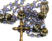 Vintage Crucifix Rosary, Purple Prayer Beads, Catholic Gift, Spiritual, Antiqued  Brass, Handmade Rosary, Blue, Vintage Inspired, Unisex