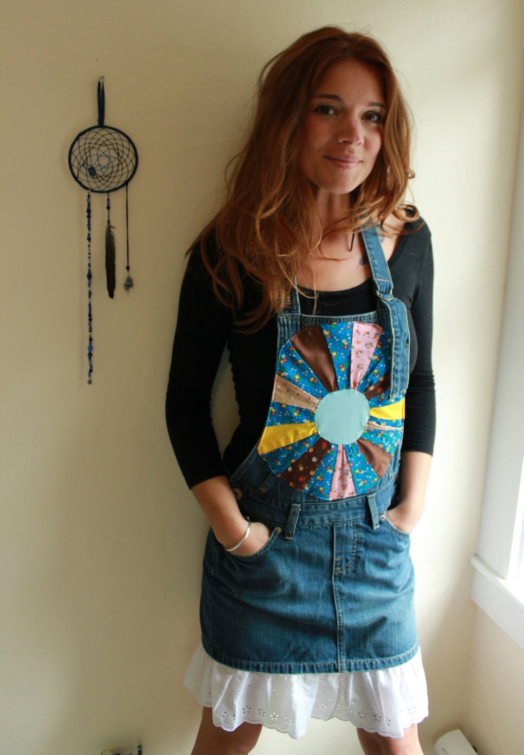 Eco Friendly Upcycled Denim Jeans Overalls/Jumper Dress with Patchwork and Vintage Lace Ruffle Trim Size Small/Medium Festival Hippie Boho