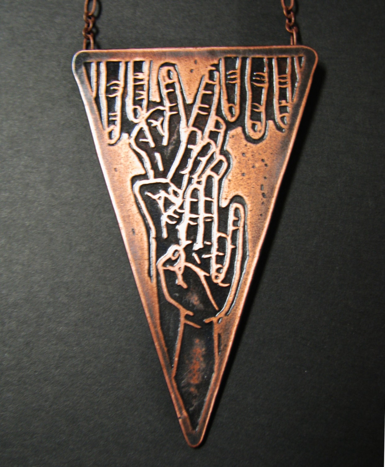 Etched Copper Jewelry - A Crowd of Hands  - Drawn by Hand then etched and cut from copper plate - made in Austin Texas - One of kind