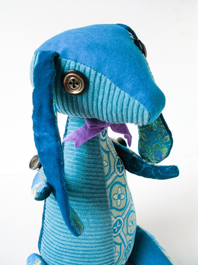 Rabbit / Bunny Recycled Plush Fabric Turquoise Patchwork Articulated Doll