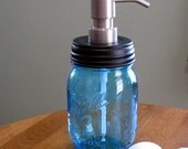 Blue Mason Jar Soap Dispenser- black lid and silver metal pump. Limited Edition Ball Jar