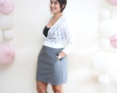 Size Large- Gray Denim Pencil Skirt- Light Charcoal Knee Length Skirt with Pockets- Vintage Style
