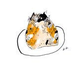 Calico Cat in bed- Ink Drawing- Cat Lover
