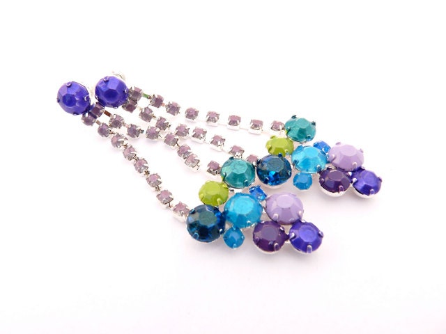Peacock Hand Painted Rhinestone Earrings - Long Earrings, Dangle Earrings, Tom Binns, Teal, Blue, Green, Purple, Peacock - susansbeadhappy