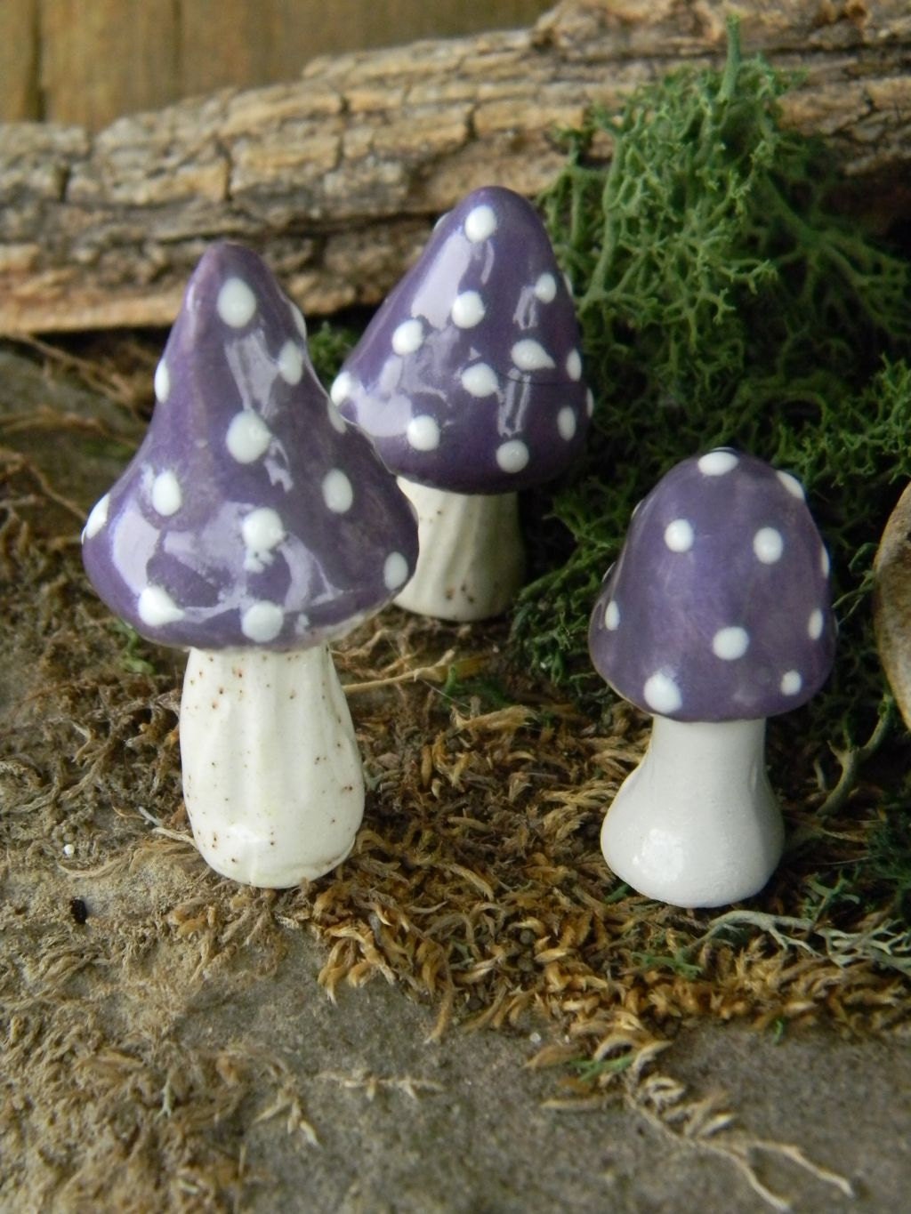3 ceramic mushroom miniatures 3 purple  Poison.. ..  terrarium or miniature gardens