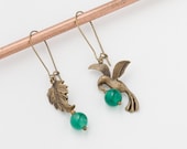 Handmade Jewelry Drop Earrings dangle gold flying bird birdie leaf charm genuine emerald green agate Woodland jewelry Valentines Gift R1110