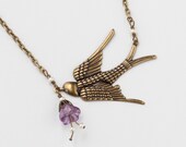 Handmade Jewelry Necklace gold flying bird charm filigree pearls amethyst purple glass flower drop wedding pendant Valentines Gift R1106