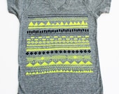 It's Geometric - unisex adult eco-heathered grey v-neck, hand printed geometric design, neon yellow navy blue