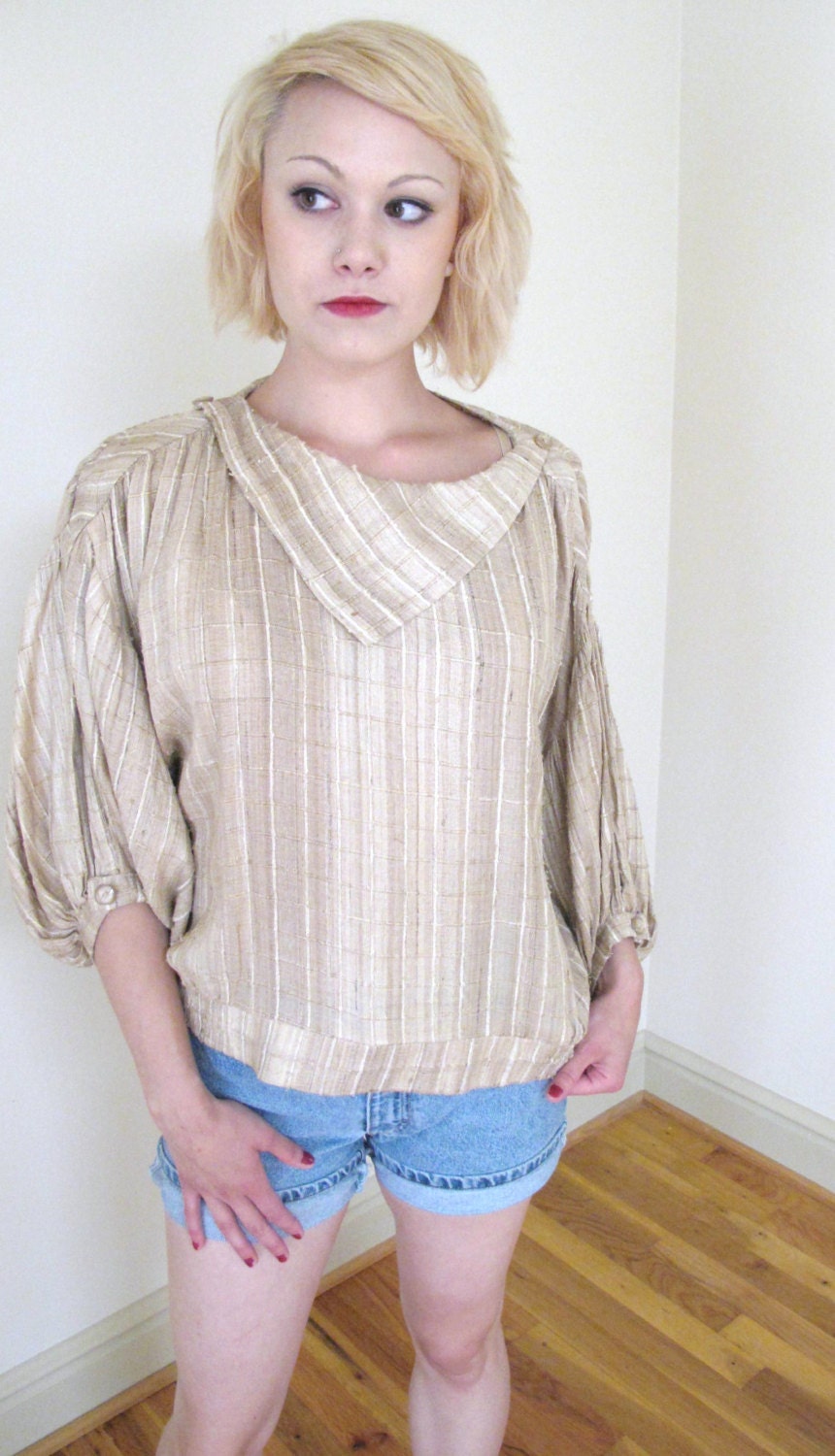Vintage 70s Boho Silk Creams Blouson Top Blouse