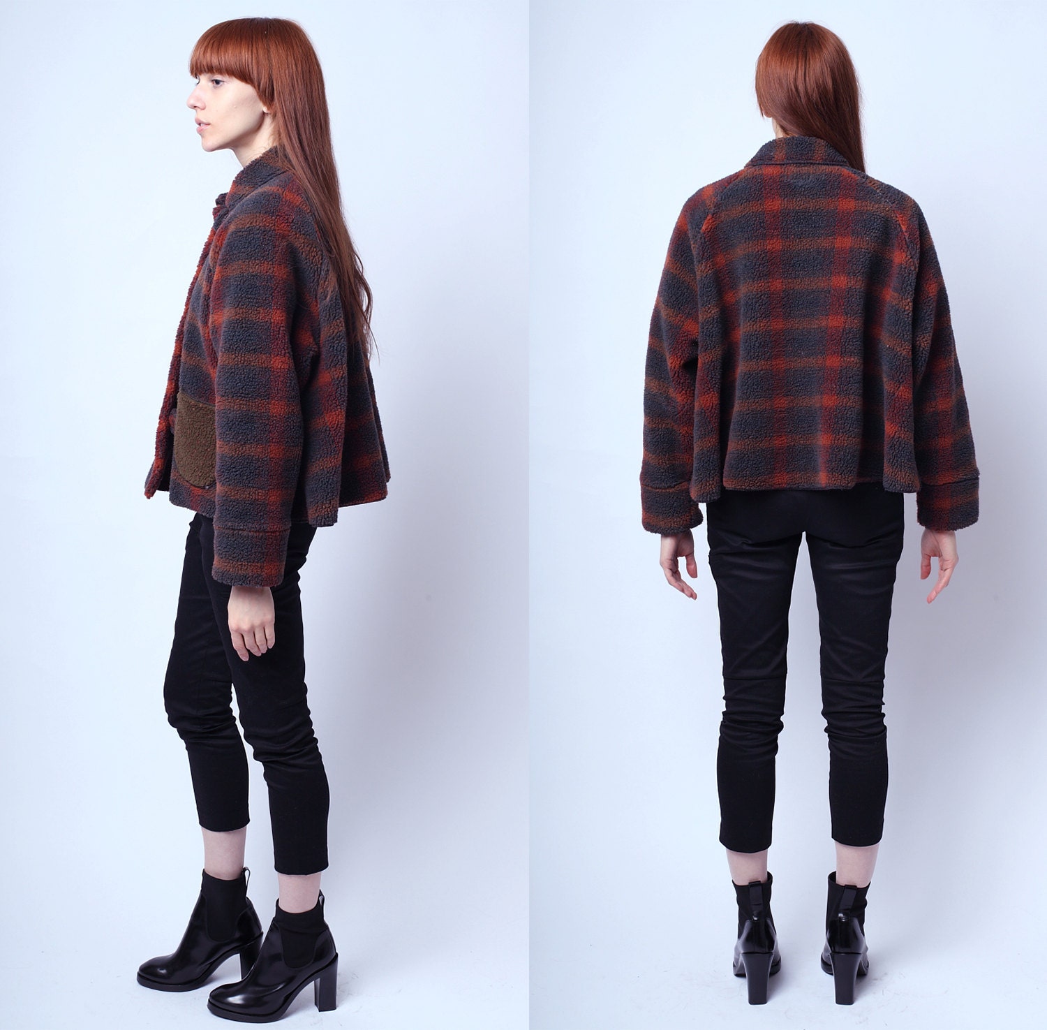 Vintage 1980s Mallory Rust and Olive Plaid Swing Coat S / M