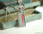 Skinny Red Paper Heart Antique Tatted Lace Soldered Charm Necklace with Chunky Silver Ball Chain