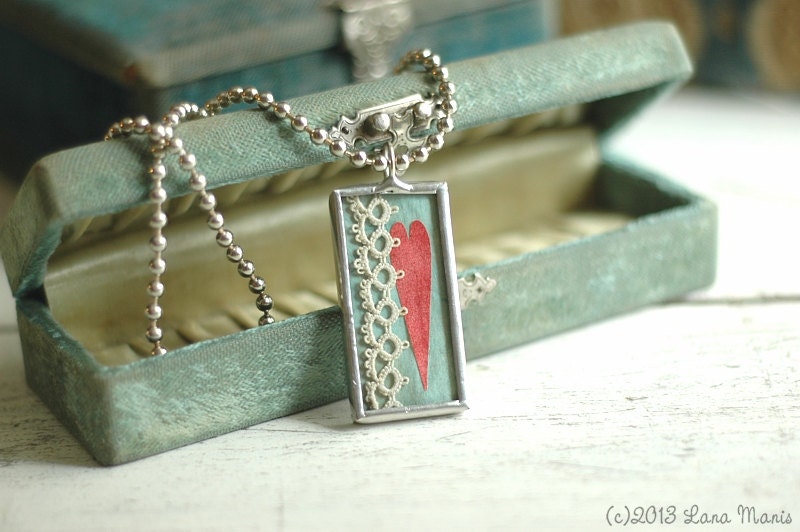 Skinny Red Paper Heart Antique Tatted Lace Soldered Charm Necklace with Chunky Silver Ball Chain