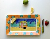 Beach camper hand painted ceramic serving platter- beach house kitchen, surf party, 13x8 inch by Cathie Carlson