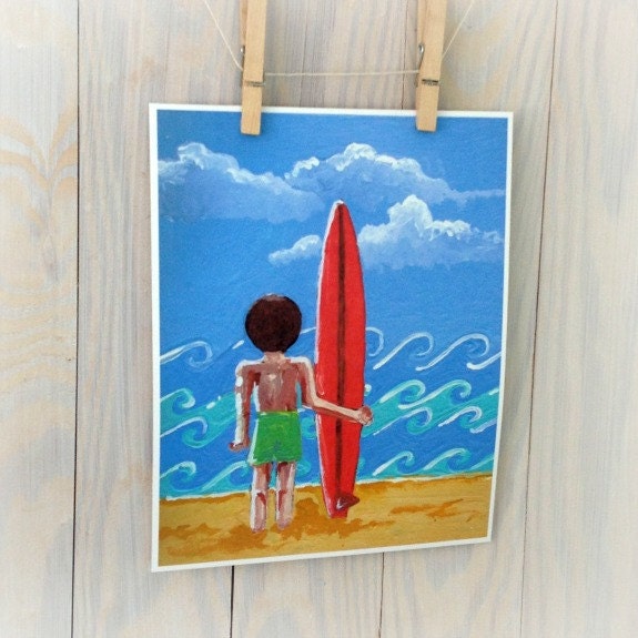 Childrens surf art, surfer boy beach nursery decor, 8x10 print from original painting by Cathie Carlson