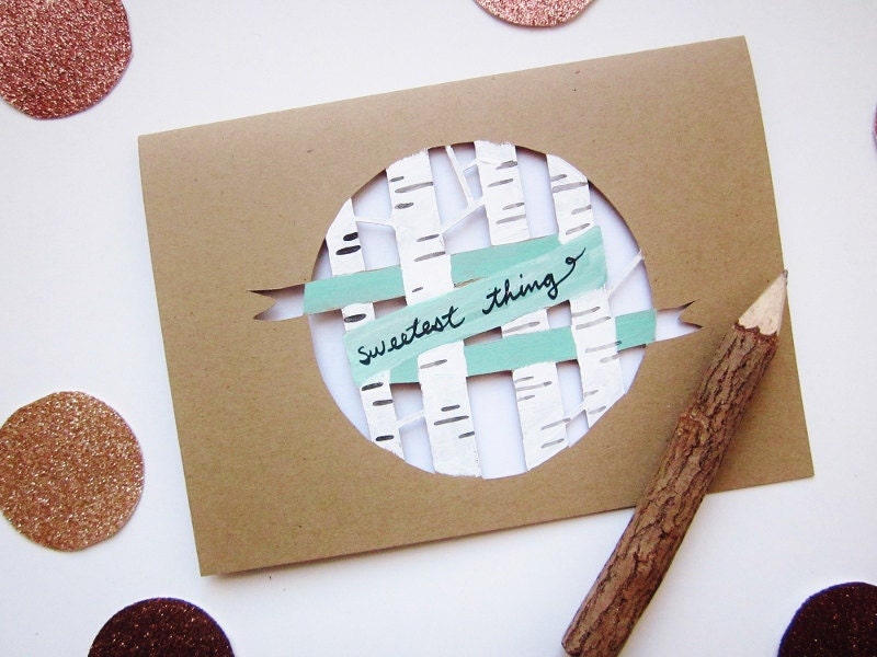 Sweetest Thing Card - birch forest - Painted Paper Cut Card in mint